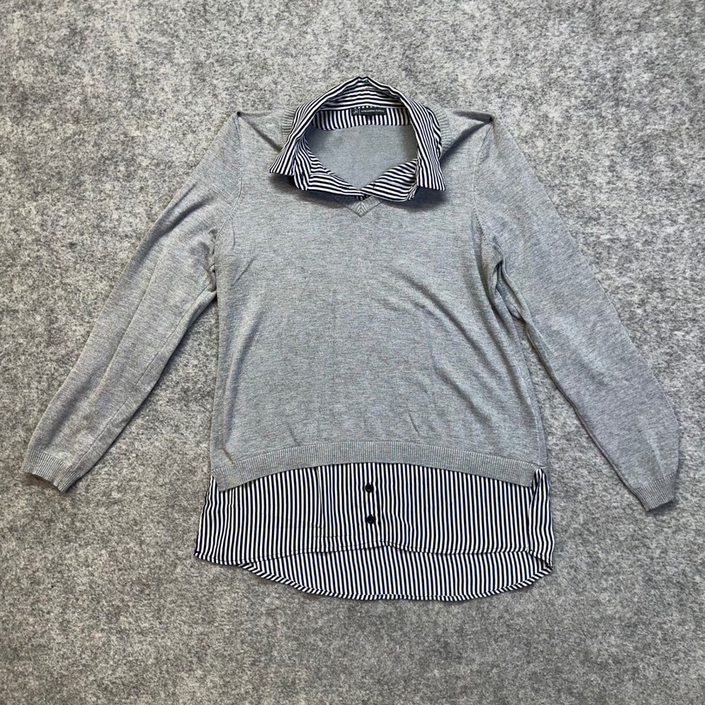 Adrianna Papell Mixed Media Sweater Women Medium Grey Navy Striped Faux Layered